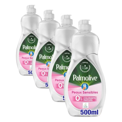 PALMOLIVE - Liquide Vaisselle 0% peaux sensibles - Formule Hypoallergénique Sans Parfum ni Colorant - Flacon de 500ml - Fabriqué en France (Lot de 4)