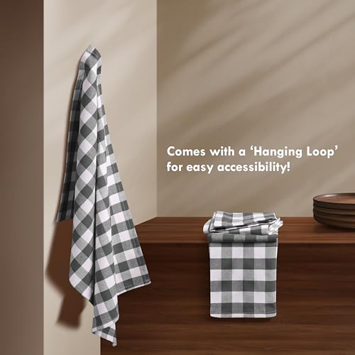 Image of Gingham Checked Kitchen Towels 12 Pack, 18 inchx26 inch, 100% Cotton, Absorbent Dish Towel for Kitchen Drying, Reusable Dishcloths Set for Cleaning, Quick Dry Wash Rags - Grey, White