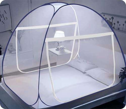 Image of Mosquito Net for Double Bed, 6.5x6.5 Feet 30 GSM Premium Double Bed Machardani, Strong and Durable, PVC Coated Tent Type, Foldable, Corrosion Resistant, King Size (White-Blue)