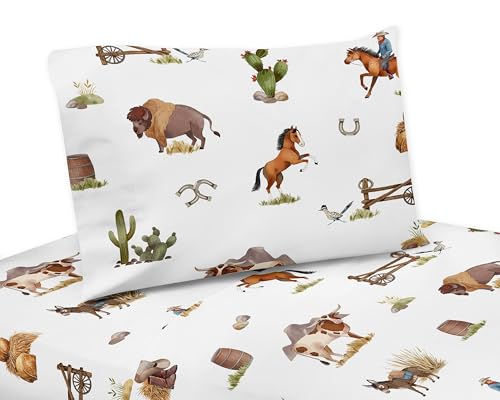 Sweet Jojo Designs Western Cowboy Boy - Juego de sábanas bajeras planas y fundas de almohada para niños y adultos, 4 piezas, diseño salvaje oeste, encanto, campo, sur caballo, buey vaca, granja,
