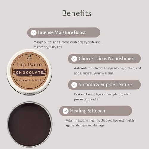 Image of Chocolate Lip Balm for Dry, Chapped and Pigmented Lips | Enriched with Cocoa, Almond Oil & Candelilla Wax | Deeply Nourishing Lip Care for Dark and Cracked Lips | All Natural, Handmade, Plant Based, Vegan and Chemical Free | 10 g | Pack of 1