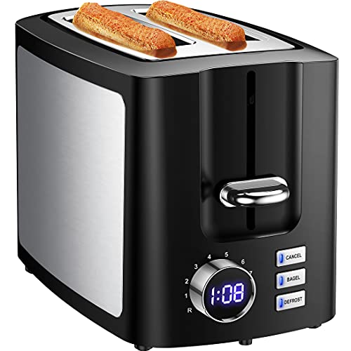 Toaster 2 Slice Stainless Steel, Bright LCD 9 Toasting Levels, Extra Wide 2 Slice Toaster for Bagel and Thicker Slices, Bagel Defrost Cancel Reheat, Self-Centering Guides Bread Toaster, Extra-Lift