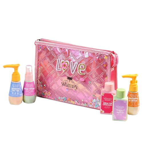 Image of Whimsy Beauty Mini Body Care Love Pouch Kit | Safe Non Toxic Body Care Set for Kids & Pre-Teens | Includes Moisturizer, Body Wash, Cleanser, Rose Water & Sunscreen | Vegan and Cruelty Free (Pack of 5)