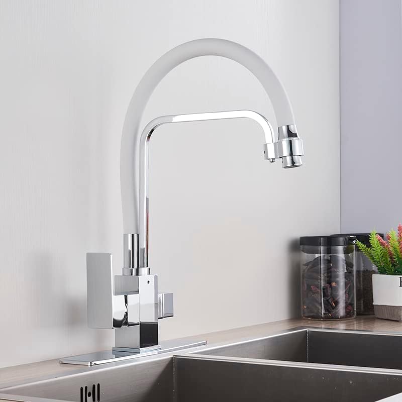 キッチンラバーデュアルスパウト飲料水クロムレッドフィルター真鍮清浄器容器シンクミキサータップ温冷水タップ、ホワイトラバーB To p