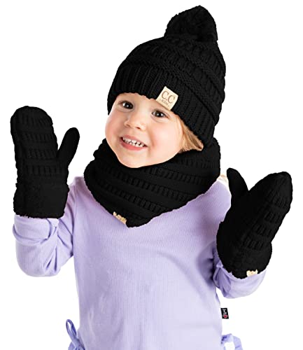Image of Funky Junque Kids Matching Neck Warmer Scarf Soft Fuzzy Cuff Gloves Mittens Ribbed Knit Pom Pom Beanie Bundle Boy Girl