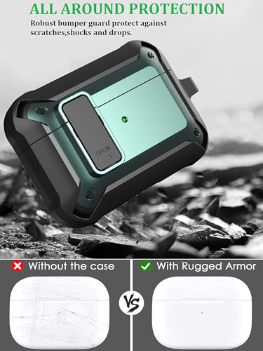 Image of Olytop for Airpods Pro 3 Case with Magnetic Automatic Lock, Rugged Apple Airpods Pro 3rd Generation Cover 2025, Armor Shockproof iPod Pro3 Gen Protective Shell with Carabiner&Cleaner kit,Black /Green