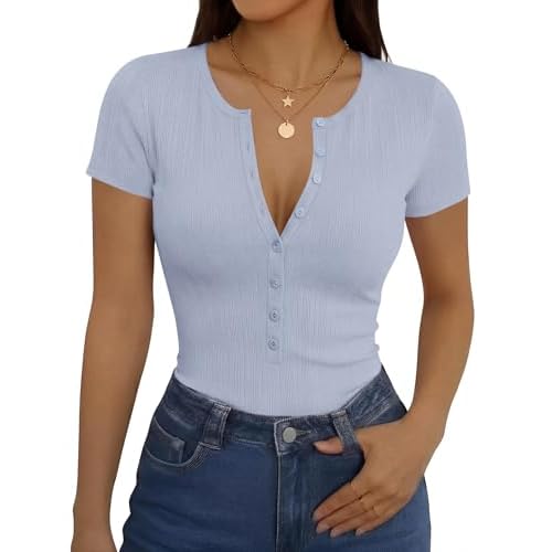 Rapbin Womens Short Sleeve Tops Casual Henley Ribbed Shirts Basic V Neck Button Down T-Shirts