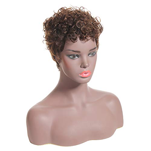 Rinboool Short Curly Brazilian Human Hair Mommy Wigs None Lace 2 Tone Piano Color Medium Brown Mixed Auburn Brown #4/30