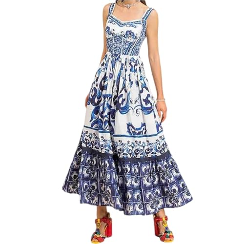 New Bohemian Printed Square Neck Suspender Dress Pleated Slim high Waist Beach Vacation Fluffy Long Skirt