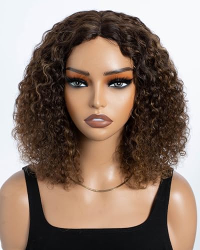 Style Icon Brown Short Curly Bob Wigs Human Hair Glueless Wig for Black Women 10 inch Middle Part Lace Deep Curly Bob Wig Non Lace Front Wig (Color: P4/30/27)
