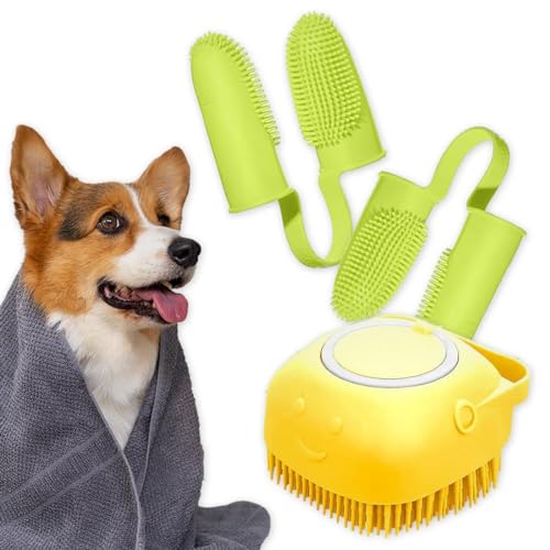 Image of Dog Finger Toothbrush, Dog Shampoo Brush, Dog Accessories: 3 in 1 Dog Bath Brush and 2 Finger Tooth Brush Kit, Essential Puppy Products for Teeth Cleaning, Bathing, and Grooming (Yellow).