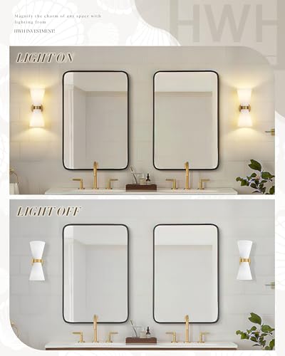 Image of Modern Wall Sconce Set of 2, HWH 2-Light Up Down Wall Light Indoor Vanity Wall Lamp, Brushed Gold Bathroom Vanity Sconce Frosted White Striped Glass Shade, 5HZG97B-2W-2PK BG
