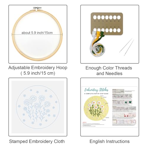 Image of Louise Maelys Daisy Flower Beginners Embroidery Kits,Cross Stitch Kit for Adults,DIY Needlepoint with Floral Pattern,Including Hoop,Threads and Instruction