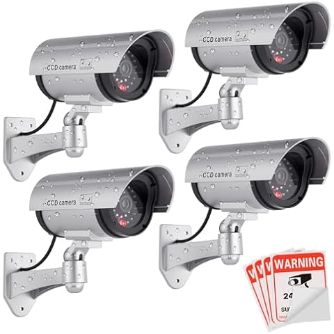 FITNATE Fake Camera, Dummy Camera CCTV Surveillance System with LED Red Flashing Light with 4 Safety Warning Stickers, Fake Security Camera for Outdoor & Indoor Use (4 Packs, Silver) Cover