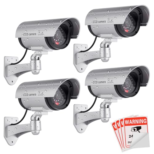 Fake Camera, FITNATE Dummy Camera CCTV Surveillance System with LED Red Flashing Light with 4 Safety Warning Stickers, Fake Security Camera for Outdoor & Indoor Use (4 Packs, Silver)
