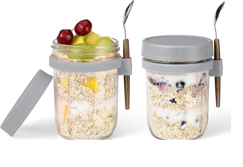 Image of PATZY 350 ml Oats Container With Lids And Spoon set of pc Glass Mason Jars For Overnight Oats Leak Proof Container with Measurment For Cereal Fruit Vegetable Milk Salad Yogurt (Multicolor) (3)