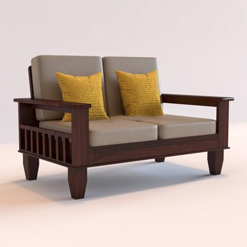Image of Sheesham Wooden 7 Seater Sofa for Living Room | Rosewood 7 Seater Cushion Sofa with Side Newspaper Holder for Home & Office | Solid Wood Sofa Set for Lounge (-Walnut,3+2+2 Seater)