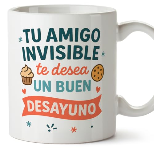 MUGFFINS Taza amigo invisible divertida con frase Tu amigo invisible te desea un buen desayuno en Español | 330 Ml 11 oz | Microondas y lavavajillas | Am Inv v1