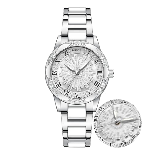 NIBOSI Damenuhr Analog Quarz Modieuhr mit Diamantzifferblatt Einzigartige Uhr mit drehbarem Zifferblatt Exklusiv für Frauen entworfen Exquisite modische Luxusuhr aus Edelstahl（Weiß）