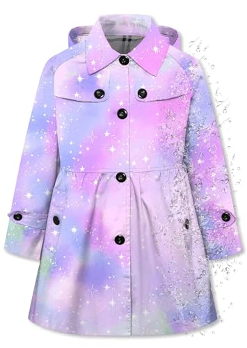 Betusline Girl's Hooded Rain Jackets Lightweight Print Waterproof Trench Coat Windbreaker Raincoats for Girls,2-14 Years