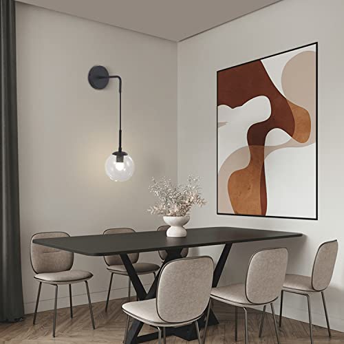 Image of KCO Lighting Black Globe Wall Sconce Set of 2 Mid Century Modern Wall Light with Clear Glass Shade Vintage Adjustable Wall Lamp for Bathroom Mirror Bedside Stairs (Clear)