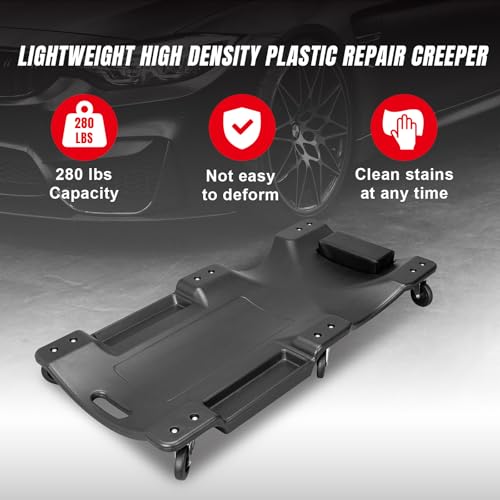 Image of Big RED ATRP6240BR-1 Blow Molded Plastic Rolling Garage /Shop Creeper: 40 inch Mechanic Cart with Padded Headrest and 6 Casters, 250 LBS, Black