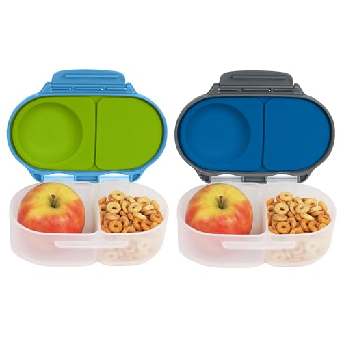 Image of b.box Snack Box (2-pack) for Kids & Toddlers: 2 Compartment Snack Containers, Mini Bento Lunch Box. Leak Proof, BPA free, Dishwasher safe. Ages 4+ months (o'breeze + blue slate, 12oz)
