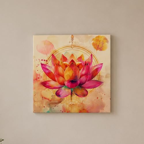 Image of PAINTINGMANTRA Pink Lotus Blossom Stretched Canvas Painting for Living Room | Spiritual Floral Artwork Wall Decor Art For Livingroom, Bedroom, Office, Hallways - 16x16 Inch