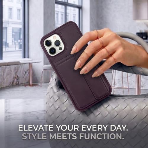 Image of amazon basics Luxury Vegan Leather Back Cover for iPhone 11 Pro Max | Built-in Card Holder Slot | Integrated Mobile Stand | Slim Shockproof Protective Case with Stitched Finish - Purple