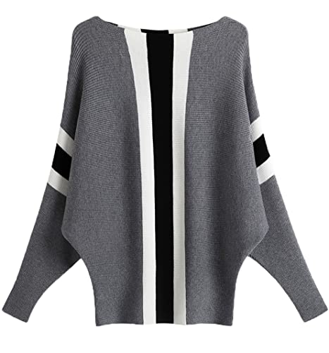 Image of EDSTAR Boat Neck Batwing Sleeves Dolman Knitted Sweaters Autumn /Winter Pullovers Tops for Women Stripe Gray
