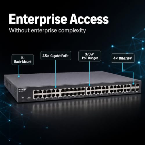 Image of Ruckus ICX8100-48P Managed Switch, 48x Gigabit PoE+, 4x 1GbE SFP Uplinks, 370W PoE Budget - Enterprise Layer 2 Access Switch, No Licensing Required