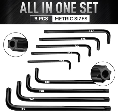 DISEN 9 Pieces Torx Star Allen Wrench Set, Long Arm Star Key Set T10-T50, Chrome Vanadium Steel