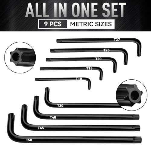 DISEN 9 Pieces Torx Star Allen Wrench Set, Long Arm Star Key Set T10-T50, Chrome Vanadium Steel