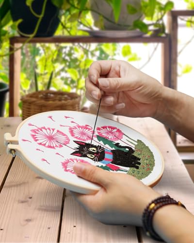 Image of TINDTOP Embroidery Kit for Adults, Cat Embroidery Practice Kit | for Beginners Include Embroidery Cloth Hoops Threads for Craft Lover Hand Stitch with Embroidery Skill Techniques