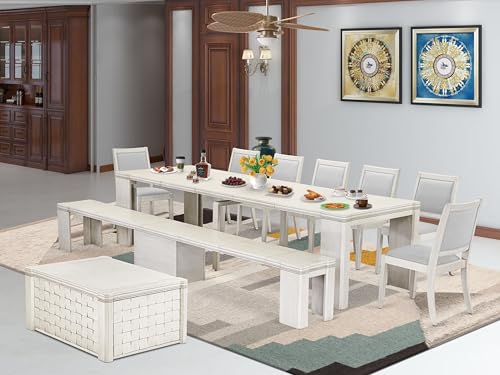 Image of X07X2-BCW-27 10-Pc Dining Room Set contains an Extendable Rectangle Kitchen Table, 1 Coffee Table, 7 Stackable Polyester Chairs and 1 Bench, 39x120 Inch, Antique White