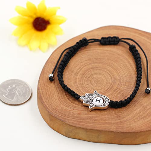 Image of Uloveido Customized A to Z 26 Letters Hand of Fatima Bracelet - Fatima Hamsa Hand Evil Eye Protection Bracelet Lucky Charm Adjustable Braided Black String