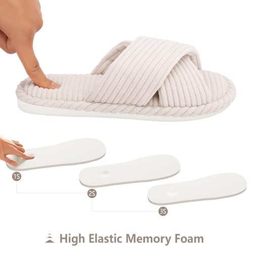 House Slippers for Women Corduroy Cross Band Slippers Open Toe Bedroom Indoor Shoes with Memory Foam4