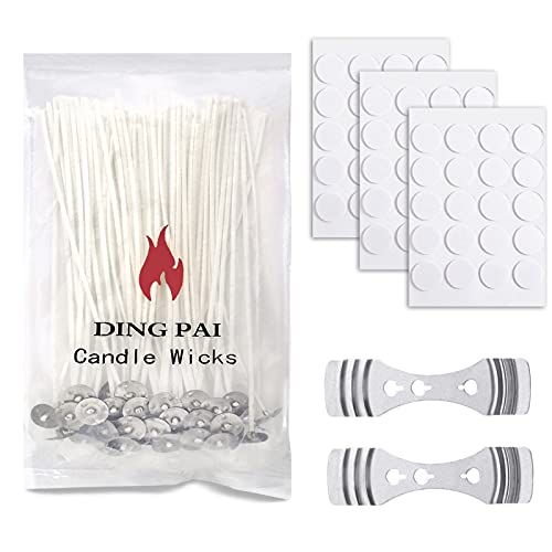 DINGPAI Candle Wick Kit, 50pcs Candle Wicks 4 inches, Candle Wick Stickers 60pcs and Candle Wick Centering Device 2pcs, Candle Making Supplies for Candle Making, Candle DIY