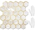 STICKGOO Hexagon Peel and Stick Backsplash Tile, Stick on Backsplash for Kitchen and Bathroom, Glossy Eurasian Wood Grain PVC Mixed Metal Gold Self Adhesive Wall Tiles(10 Sheets, Seamless)