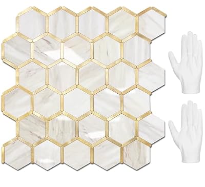 STICKGOO Hexagon Peel and Stick Backsplash Tile, Stick on Backsplash for Kitchen and Bathroom, Glossy Eurasian Wood Grain PVC Mixed Metal Gold Self Adhesive Wall Tiles(10 Sheets, Seamless)