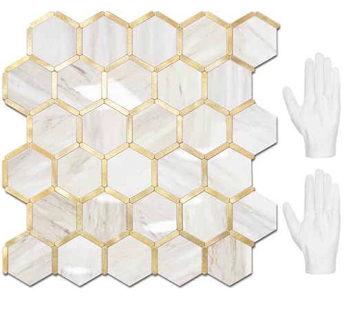 STICKGOO Hexagon Peel and Stick Backsplash Tile Stick on Backsplash for Kitchen and Bathroom Glossy Eurasian Wood Grain PVC Mixed Metal Gold Self Adhesive Wall Tiles(10 Sheets Seamless)