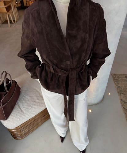 Womens Faux Suede Jacket with Belt Long Sleeve Button Down Belted Suede Leather Jacket Coats3
