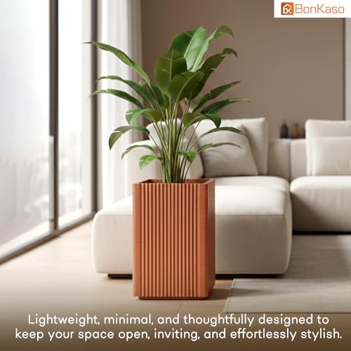 Image of BonKaso 18 Inch Rolex Tower Planter for Indoor & Outdoor Use | Tall Square Heavy Duty Polymer Flower Pot | Weather Resistant Modern Planter for Living Room, Balcony, Terrace & Office Decor (Bown)