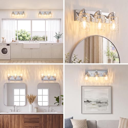 Image of 3-Light Bathroom Light Fixtures Modern Chrome Vanity Lights | Easy to Install Clear Hammered Glass Shades, Rippled Glow, Wall Mount Up or Down, E26 Socket, Hardwired, 120V