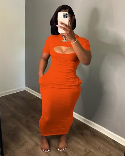 Image of Women's Casual Short Sleeve Dress T Shirt Bodycon Dresses Ribbed V Neck Maxi Sundress Basic Party Club Dress with Pocket