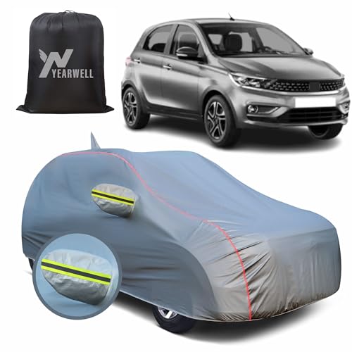 Image of Car Body Cover for Tata Tiago, 100% Waterproof, Heat-Resistant with Mirror & Antenna Pockets, Soft Cotton Lining, Triple Stitched, Green Reflector (Metallic Grey)