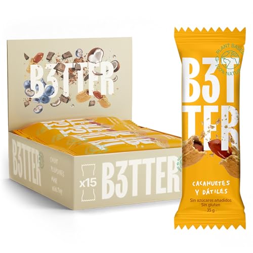 Barritas Proteina B3TTER Cacahuete - Barritas Energéticas con Ingredientes 100% Naturales - Sin Azúcar Añadido - Pack 15 Unidades - Alto Contenido en Fibra y Proteinas - Sin Gluten