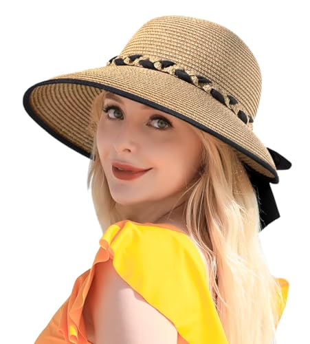Image of MTRoyaldia Beach Sun Straw Hats for Women, UPF 50+ UV Sun Protection Wide Brim Summer Straw Hat Foldable Packable Roll up Cap Deep Khaki