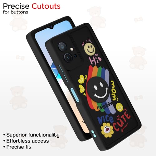 Image of Pikkme Back Cover for Vivo T1 5G / Vivo Y75 5G / iQOO Z6 5G | Soft Silicone| Cute Rainbow Smile & 3D Cartoon Flower Design | Shockproof Raised Camera Protection Bumper Case (Black)