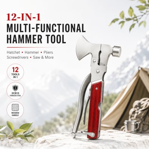 Image of HELLARO Hammer Tool Kit Portable 12 in 1 Multi Utility Multifunction Stainless Steel Hammer Tool Kit Knife Axe Bottle Opener Nut Car Safety Tool Kit